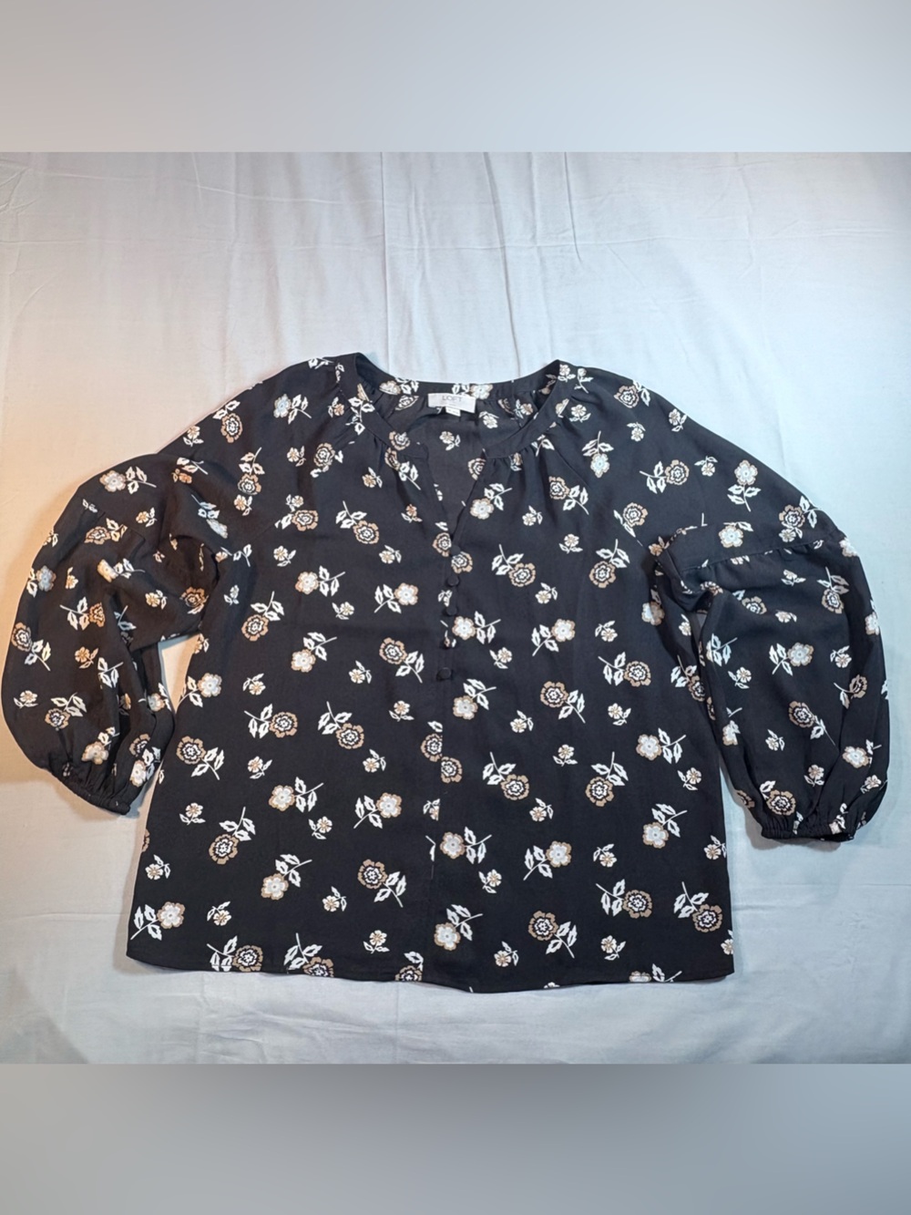 Loft Small petite Black Floral Long-Sleeve Peasant Blouse